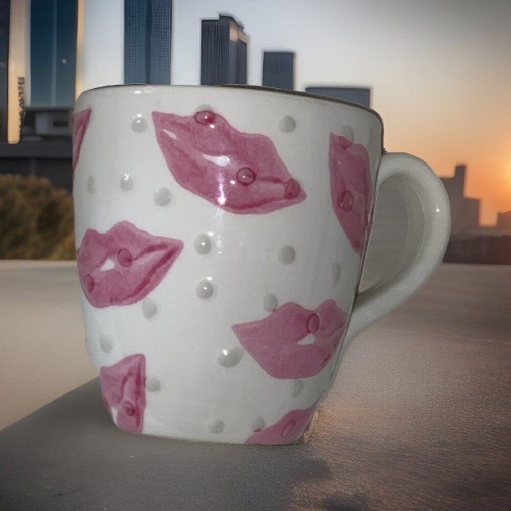 Signed Hand Painted Ceramic Mug With Pink Lips & Raised Polka Dot Design Italy